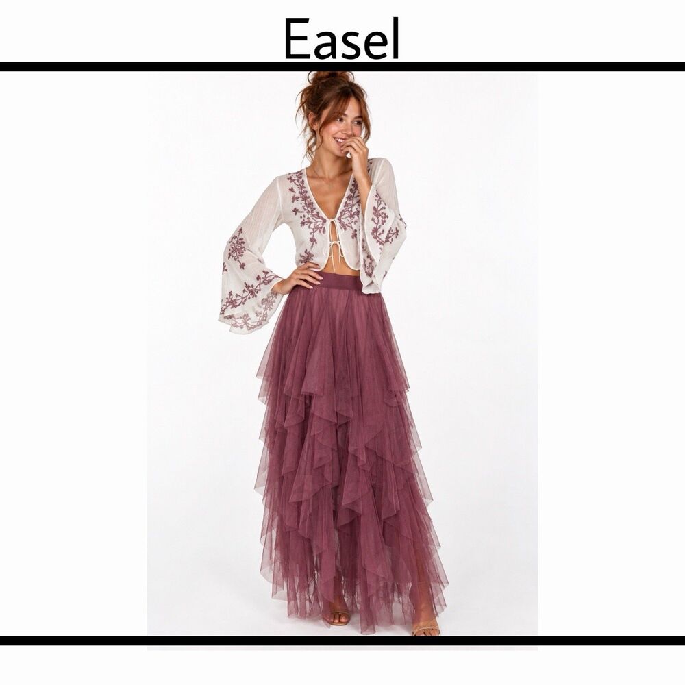 Easel Tiered Maxi Skirt Purple Women’s Medium Bohemian Festival NWT